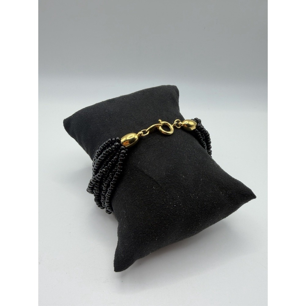 Trifari Vintage Black Multi Strand Seed Bead Bracelet Gold Tone 10 Row 8 Inch